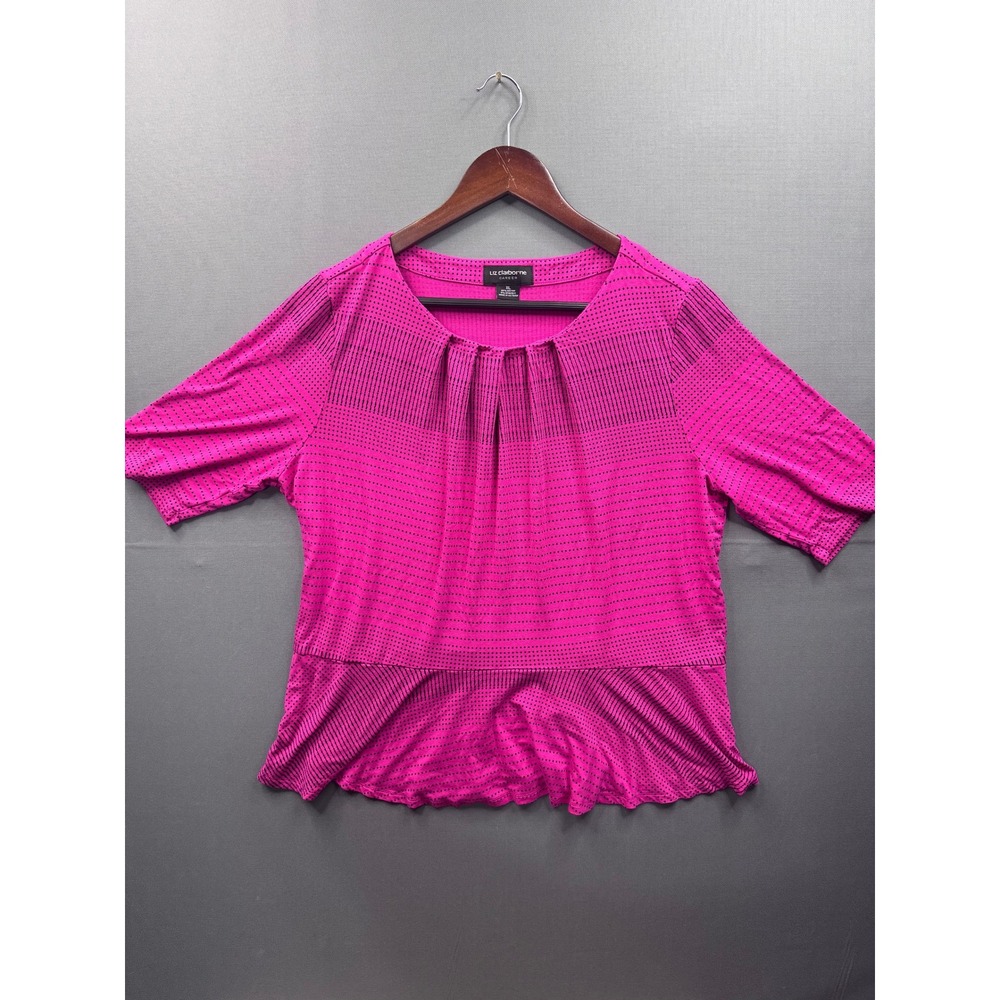 Liz Claiborne Career Womens XL Magenta Pink Polka Dot Pleated Peplum Top‎ Blouse